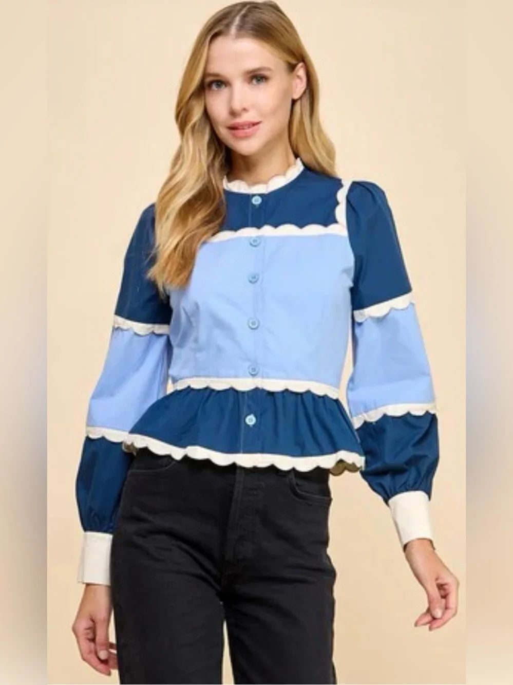 NWT TCEC Meryl top Two-Tone Blue Scallop-Trim Button Peplum Blouse size L